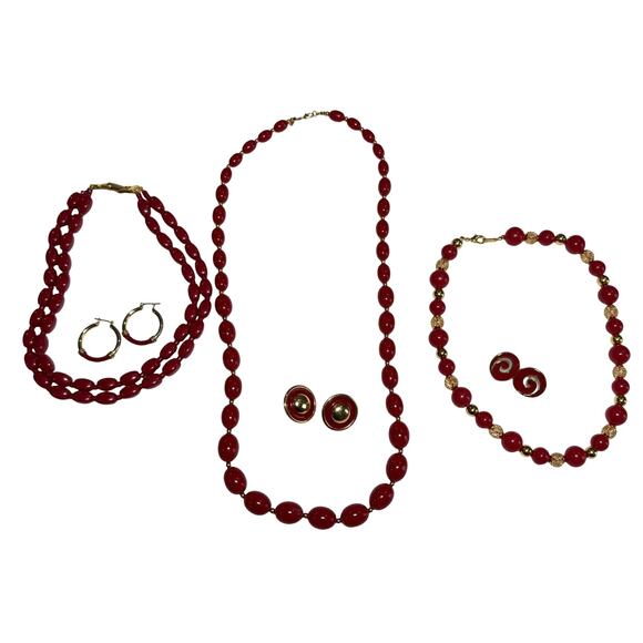 Vintage Necklace Earring Jewelry Lot Napier Monet Bright Red Gold Tone Pierced‎ - Picture 1 of 12